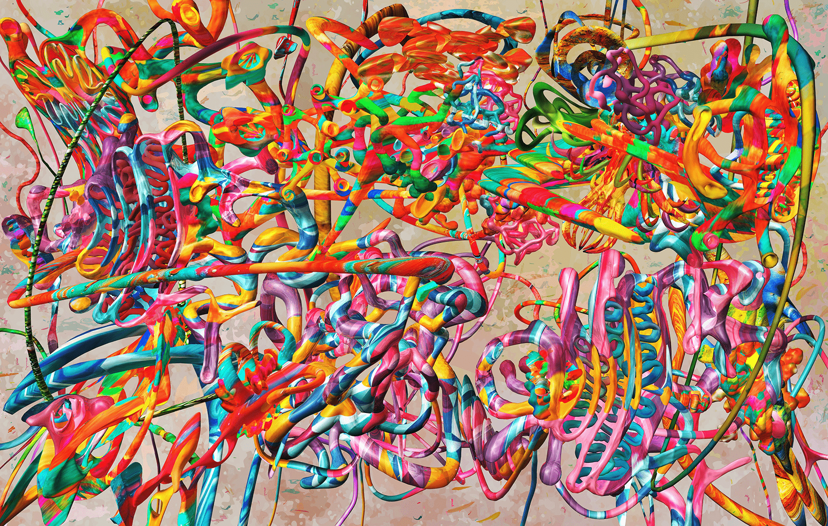 Matsumoto's artworks initially start out as several fragmentary variants that are derived from the elements of his previous works. They are then merged into the artwork through the application of a recursive algorithm and its embedded matrices of transition probabilities. 
Consequently, the new work captures and appropriates some of the conceptual substructure of the previous works, while they can stand on their own as a self-referential multiplicity.
The concept of his work pertains to the actualization of the temporal dimensions of molecular entities that are eventually reconfigured as urban aggregates. In this respect, his work correlates with the whole perception of the molecular lines that are immanent in the meaning-making processes of living and nonliving alike, which eventually leads to the diachronic emergence of an ecological assemblage.